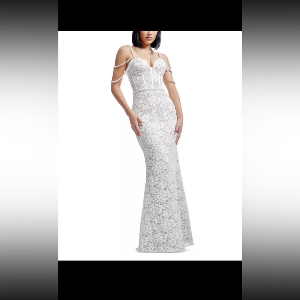 White Lace Off-Shoulder Mermaid Gown with Pearl Straps XXL